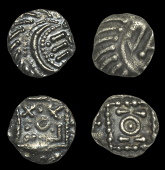 Early Anglo-Saxon Period, Sceattas (2), Continental series E, porcupine-like figure enclosing three bars, revs....