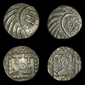 Early Anglo-Saxon Period, Sceattas (2), Continental series E, porcupine-like figure enclosing three bars, revs....