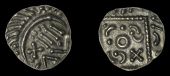 Early Anglo-Saxon Period, Sceatta, Continental series E, porcupine-like figure enclosing an x, four bars, three and...