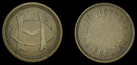 Gibraltar, Cafe Victoria, advertising check (?), c. 1910-1928, obv. CAFE VICTORIA GIBRALTAR, rev. CH monogram,...