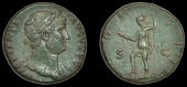 Roman Imperial Coinage, Hadrian, Sestertius, Rome, laureate bust right, rev. Virtus standing left, right foot on...