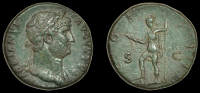 Roman Imperial Coinage, Hadrian, Sestertius, Rome, laureate bust right, rev. Virtus standing left, right foot on...