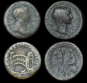 Roman Imperial Coinage, Trajan, Sestertii (2), revs. single-span bridge, 23.59g (RIC 569), Dacian seated left,...