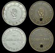Gibraltar, Indenpendent Order of Odd Fellows, Lodge checks (2), obv. O.I.D.O.F.U.D.M. / 6241, around an upright hand...