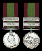 The Second Afghan War Medal awarded to Private Frederick Hallan, 92nd Highlanders, who was wounded at Majuba...