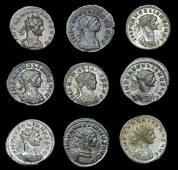 Roman Imperial Coinage, Aurelian, Antoninianii (9), revs. Emperor clasping hands with Concordia (4), Sol right (2),...