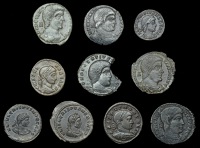 Roman Imperial Coinage, Delmatius, Æ 3, rev. two soldiers standing; Magnentius, Centenionales (3), revs. Emperor...