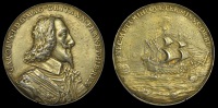 England, Dominion of the Sea, 1639, a cast silver-gilt medal by N. Briot, bust right, armoured, wearing a large...