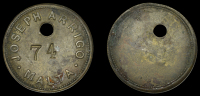 Malta, Joseph Arrigo, Coaling Tally (?), uniface, JOSEPH ARRIGO, MALTA around incuse 74, holed as issued, copper,...