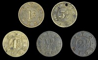 Malta, Eastern Telegraph Co. Ltd., Staff tokens for use in the company Mess/canteen (5), all uniface,  obv. E.T.C....