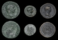 Roman Imperial Coinage, Trajan, As, 98-117, rev. s c in laurel wreath, (Sear 3243); Dupondius, rev. Justitia seated...