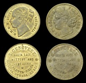Malta, S. Genovese, advertising checks (2), obv. * S.GENOVESE * / MALTA LACE / MITTENS AND / JEWELLERY / * /...