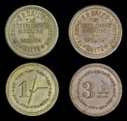 Malta, P. P. Grech, value tokens (2), obv. TAILORING * P.P.GRECH * OUTFITTING * MALTA around THE / GENTLEMAN’S /...