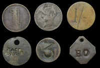 Malta, Uncertain issuers or usage (6), all found in Malta; PACE / LEWIS, uniface, pierced as issued, brass, 26mm...