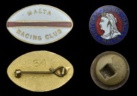 Malta, Enamelled Badges (2), lapel button, .VICTORIA-MUSIC-HALL. MALTA in blue enamel boarder around head of Queen...