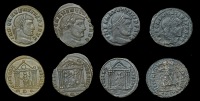 Roman Imperial Coinage, Maxentius, Folles (4), 307-12, revs. hexastyle temple containing Roma seated facing, head...