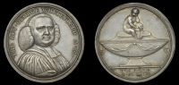England, Death of George Whitefield, 1770, a silver medal by T. Pingo, three-quarter bust right, rev. cherub seated...