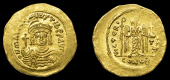 Byzantine Coinage, Maurice Tiberius, Solidus, Constantinople, facing bust wearing plumed helmet, holding globus...