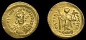 Byzantine Coinage, Justinian I, Solidus, Constantinople, helmeted bust facing three-quarters right, holding spear...