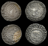 Early Anglo-Saxon Period, Sceattas (2), Primary series BX, diademed head right, pseudo-legend around, rev. cross on...