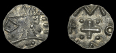 Early Anglo-Saxon Period, Sceatta, series D, Frisian type 2c, very crude radiate head right, rev. cross, pellets in...