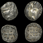 Early Anglo-Saxon Period, Sceattas (2), both series D, Frisian type 2c, very crude radiate head right, revs. cross,...