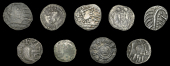 Early Anglo-Saxon Period, Sceatta, Secondary series R1, radiate head with pyramidal neck right, epa in runes in...
