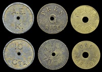 Malaysia, Estate Tokens (3), Pataling Rubber Estates Syndicate Ltd., c. 1903-20, uniface, P.R.E.S / G / RICE, brass,...