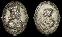 England, Charles I and Henrietta Maria, an oval cast silver Royalist badge by T. Rawlins, crowned bust of Charles...