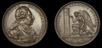 England, British Victories, 1810, a copper medal by W.S. Mossop, bust of George III right, rev. Fame kneeling left,...