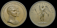 England, Marriage of Princess Charlotte and Prince Leopold, 1816, a copper medal by T. Halliday, conjoined busts...