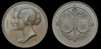 England, Marriage of Queen Victoria and Prince Albert, 1840, a copper medal by B. Wyon, conjoined busts left, rev....