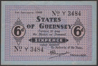 States of Guernsey, 6 Pence, 1 January 1942, serial number Y3484, original good very fine
BNYB GU 24b, Pick 24	...