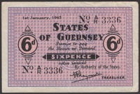 States of Guernsey, 6 Pence, 1 January 1943, serial number A/R 3336, original very fine
BNYB GU 24c, Pick 28	...