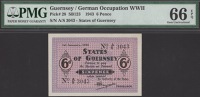 States of Guernsey, 6 Pence, 1 January 1943, serial number A/S 3043, in PMG holder 66 EPQ, gem uncirculated,...