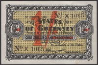 States of Guernsey, 1 Shilling on 1 Shilling and 3 Pence, 1 January 1943, serial number X1065, a lovely clean...