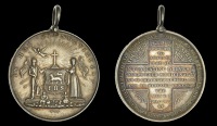 Total Abstinence Society of Ireland, Cork, a silver medal by J. Jones, male and female figures flanking arms,...