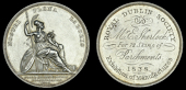 Royal Dublin Society, Exhibition of Manufactures, 1838, a silver award medal by W.S. Mossop, Minerva seated right,...
