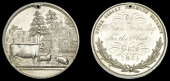 Upper Ossory Farming Society, a silver award medal by J.C. Parkes, farm animals standing outside a house, trees in...