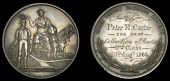 Upper Ossory Farming Society, a silver award medal by J.C. Parkes, farmer with farm animals, house at left and trees...