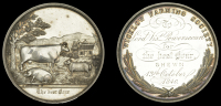 Wicklow Farming Society, a silver award medal by I. Parkes, farm animals in foreground, tree at left and house at...