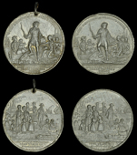 Anti-Corn Law LEAGUE, 1840, white metal medals by Taylor & Allen (2), crusading knight leads the poor, revs.	...