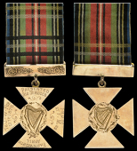 A PRESENTATION gold Cross, a Maltese Cross engraved with details, central harp, named (Present From FARNWORTH To...