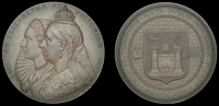 Tercentenary of Trinity College, Dublin, 1892, a copper medal by Johnson, conjoined busts of Queen Victoria and...