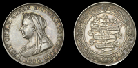 Visit to Ireland, 1900, a silver medal by Johnson, veiled bust of Victoria left, rev. legend on riband over...