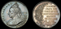 Visit to Ireland, 1900, a silver medal by F. Bowcher for Spink, veiled bust of Victoria left, rev. crowned harp on...