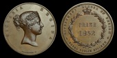Royal Dublin Society, Government School of Design, 1852, a copper medal by W. Woodhouse, diademed bust of Victoria...