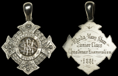 Morehampton House, Dublin, a silver cross-shaped badge, shamrocks around monogram, rev. named (Rhoda Mary Shaw,...