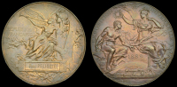 France, Exposition Universelle, Paris, 1889, a bronze award medal by L.A. Bottée, Gallia rewards blacksmith seated...