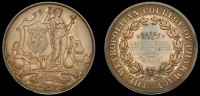 England, Metropolitan College of Pharmacy, a copper award medal, unsigned, Science standing right amidst instruments...